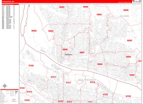 Vancouver Washington Zip Code Wall Map (Red Line Style) by MarketMAPS - MapSales