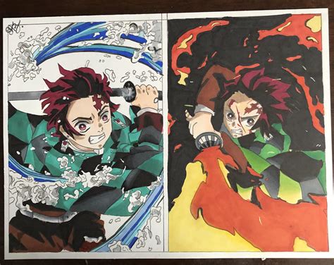 Tanjiro drawing Water breathing and fire breathing : r/AnimeART