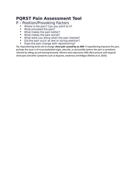 Pqrst Pain Assessment Tool - PQRST Pain Assessment Tool P – Position/Provoking Factors Where is ...