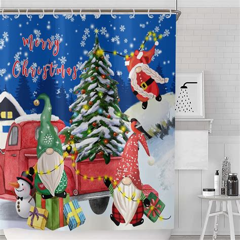 Amazon.com: Christmas Snowman Pine Trees Shower Curtain Farmhouse Red Truck Cute Gnomes White ...