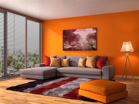 The slick orange wall and sofa stool stand out boldly in this living area. A few throw … | Burnt ...