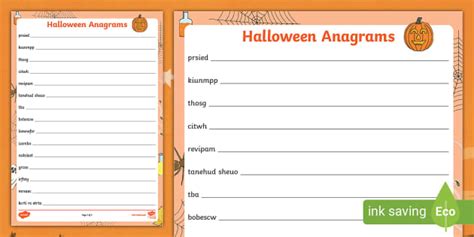 Halloween Anagrams Worksheet - Primary Resource - Twinkl