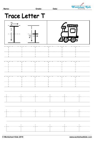 Letter T alphabet tracing worksheets - Free printable PDF