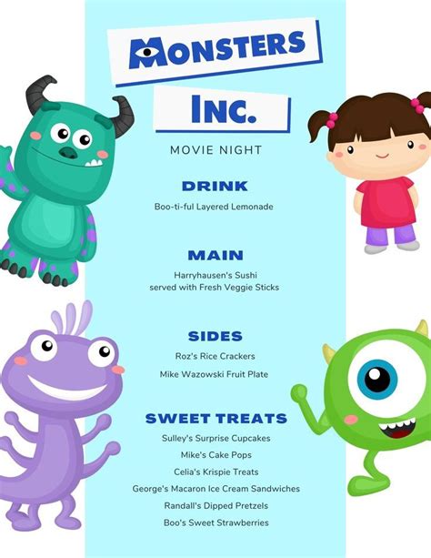 Monsters Inc Menu | Disney themed movie night, Movie night dinner ...