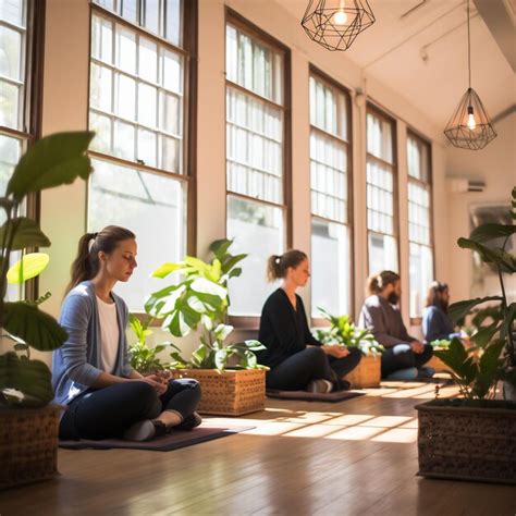 Premium AI Image | a group of people practicing yoga in a building with plants in the background