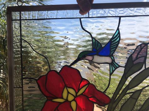 Gorgeous! Iris & Hummingbird Leaded Stained Glass Window Panel