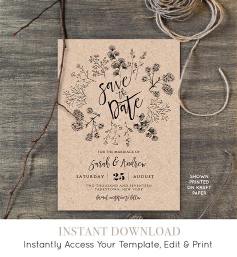 Rustic Save the Date Template, Instant Download, Printable Kraft Wedding Save the Date, Fully ...