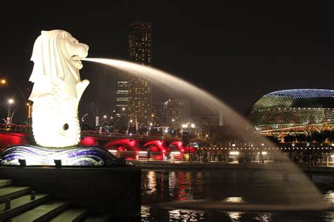 Singapore. Merlion Park fountain statue. \\ The Merlion is a traditional creature in western ...