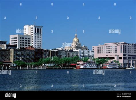 Savannah Skyline and Savannah River at Night, Savannah, Georgia, USA ...