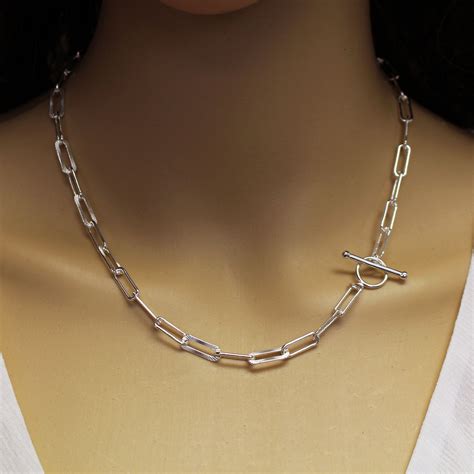 Sterling Silver Chain Necklace - Rectangle Link Textured Chain Necklace.