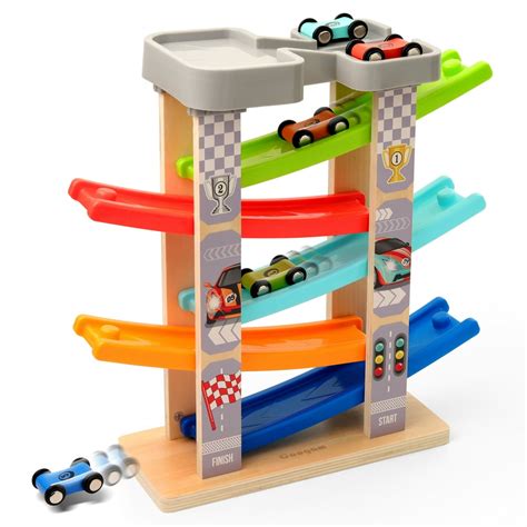 Coogam Wooden Race Track Car Ramp Toy-5 Level Toy Car Ramp Race Track Includes 5 Wooden Toy Cars ...