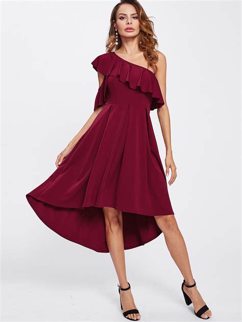 Frilled One Shoulder Box Pleated Dip Hem Dress -SheIn(Sheinside)