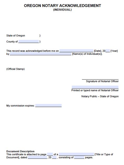 Free Oregon Individual Notary Acknowledgement - PDF - Word