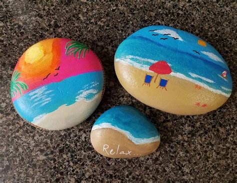 Beach scene painting rocks | Painted rocks, Rock painting designs ...