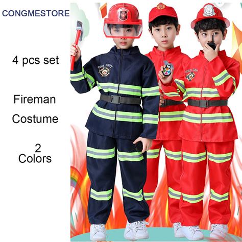 Congme Kid boy girl Fireman Costume Fire Fighter 4pcs Costume Rescue Service Halloween Cosplay ...