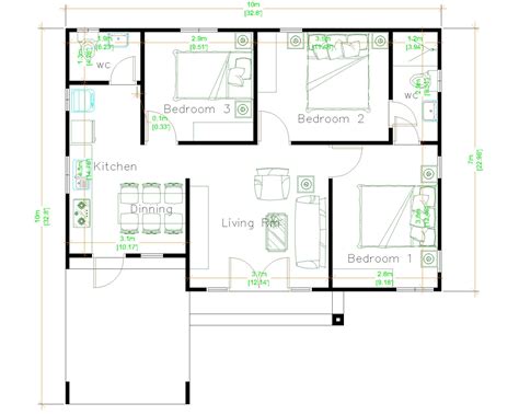 House Design Plans 10x10 Meter 33x33 Feet 3 Bedrooms Hip Roof - House Design 3D