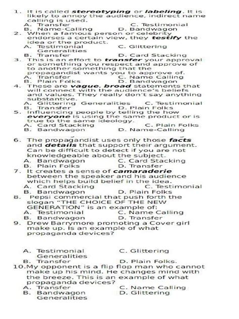 Propaganda Devices Worksheets | PDF