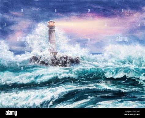 Original oil painting of lighthouse during storm on canvas.Purple ...