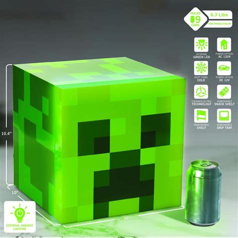 Minecraft Green Creeper 9 Can Mini Fridge 6.7L 1 Door Ambient Lighting 10.4 in H 10 in W 10 in D ...