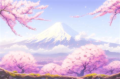 Premium Photo | Beautiful pink cherry trees and Mount Fuji in the background of this Japan anime ...