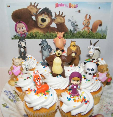 Masha And The Bear Deluxe Cake Toppers Cupcake Decorations 12 Set With 10 Figures And 2 Fun Bear ...