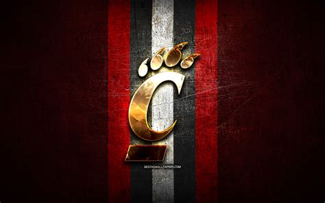 Download wallpapers Cincinnati Bearcats, golden logo, NCAA, red metal background, american ...