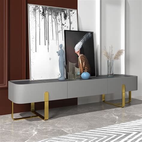 71" Modern Gray TV stand Stone Top Minimalist Media Console with ...