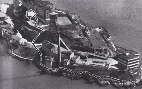 Ariel photographs of Alcatraz showing the escape route followed by Anglin Brothers and Frank Lee ...