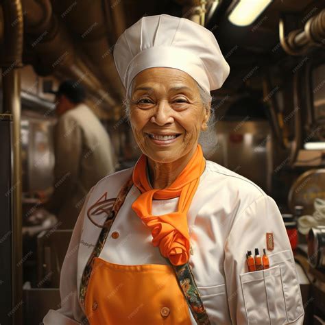 Premium AI Image | Old female chef in a kitchen with orange and gold ...