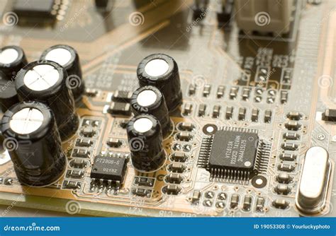 Capacitors and Microchips on Circuit Board Stock Photo - Image of macro, chip: 19053308