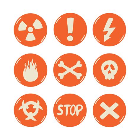 Warning caution orange danger signs. Circle symbols attention, radiation, flammable, deadly ...