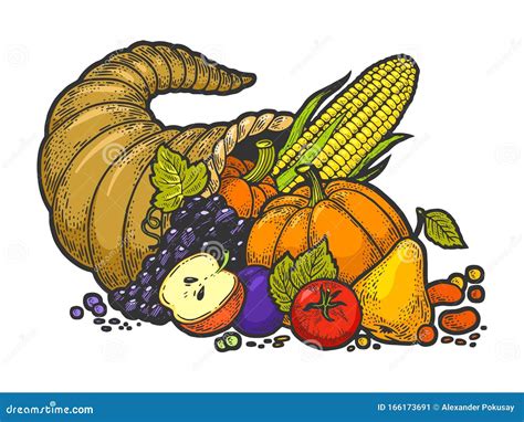 Cornucopia Horn of Plenty Sketch Engraving Vector Stock Vector - Illustration of food, grapes ...