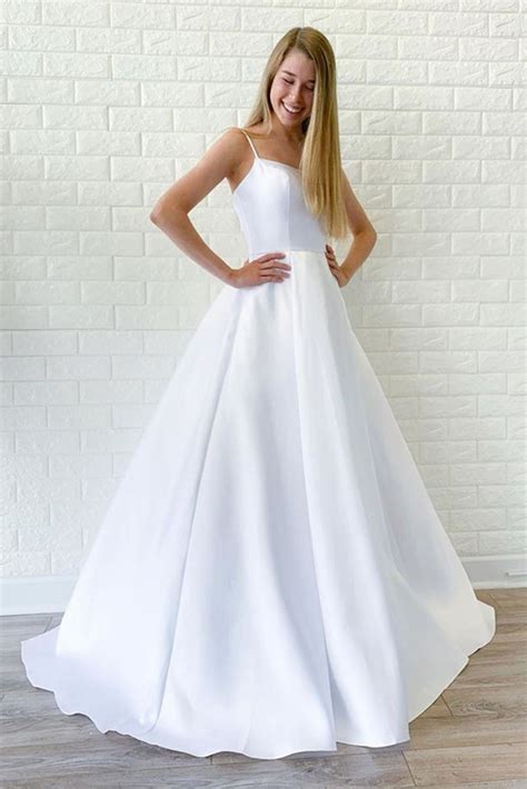 Simple A Line White Satin Long Wedding Prom Dress, Cheap White Formal ...