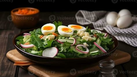 Salad with boiled egg and vegetables on wooden table, 23330220 Stock Photo at Vecteezy