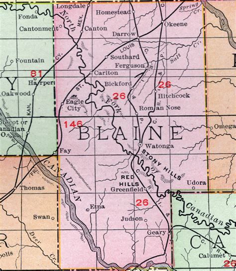 Blaine County, Oklahoma 1911 Map, Rand McNally, Watonga, Geary, Canton ...