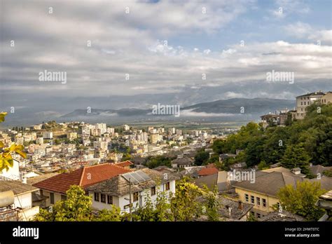 Castle of Gjirokastra and Old town of Gjirokaster at sunrise in ...