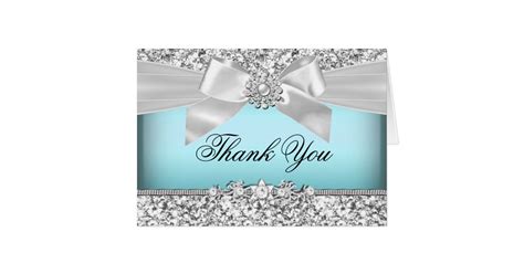 Silver Blue Glitter & Jewel Bow Thank You Card | Zazzle