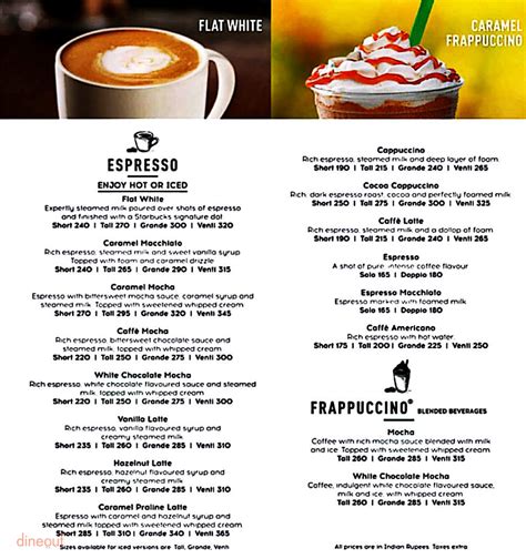 Printable Starbucks Menu