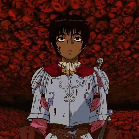 an anime character standing in front of a red background with skulls on ...