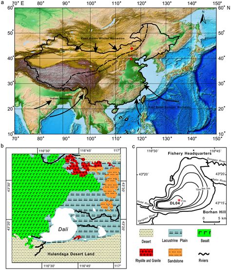 Maps of the setting of Dali Lake and the coring site. (a) Regional map... | Download Scientific ...