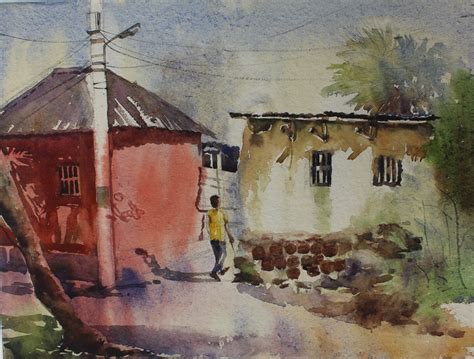 Indian Village Scenery, Painting by Krishna Mondal | Artmajeur