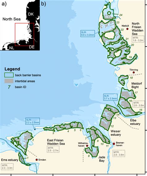 (a) Study area German Wadden Sea in the North Sea. (b) Map showing the ...