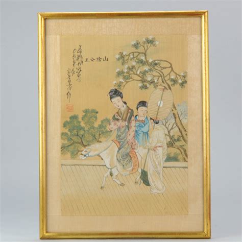 20C Chinese Silk Painting Woman on Horse with servants Antique ...