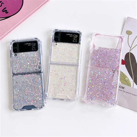 For Samsung Galaxy Z Flip 4 3 Case Transparent Glitter Sequins Clear Shockproof Hard Back Cover ...