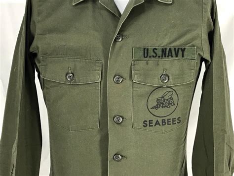 Navy Seabees Utility Fatigue Uniform Shirt Jacket 1970’s With Patches 15.5 x 35 | #1926120576