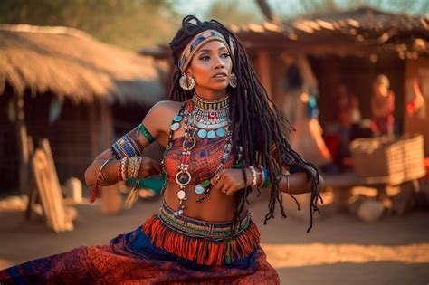 Premium Photo | A woman in a tribal costume is dancing in front of a hut.