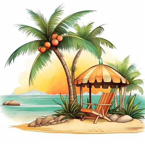 Premium Photo | A drawing of a beach scene with a beach hut and palm trees.