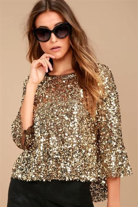 #Lulus - #Lulus Mirage Gold Sequin Top - AdoreWe.com | Sequins top outfit, Glitter tops outfit ...