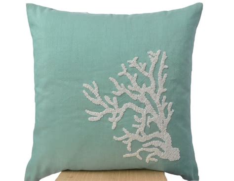 Teal Decorative pillow with white coral in beads -Oceanic pillows -Teal cushion -Embroidered ...