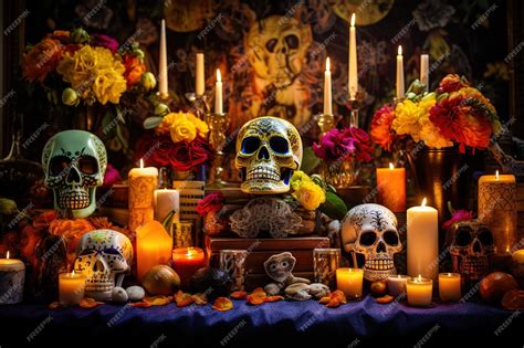 Premium AI Image | Day of the Dead Altar with sugar skulls and candles